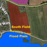 Map showing boundary of flood plain between Harwoods Lane and the south Bellis field
